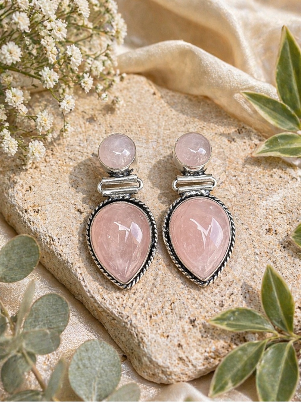Natural Rose Quartz Gemstone Post/Stud 1.4” Earrings